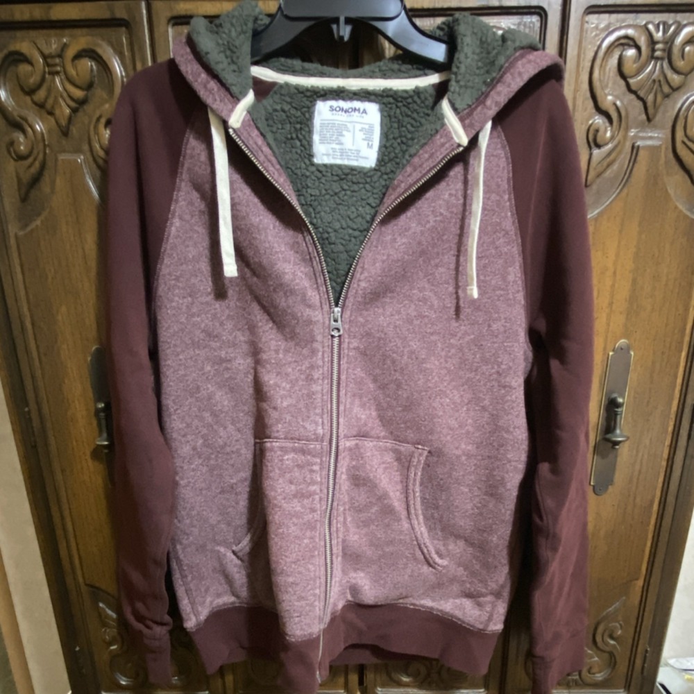 Sonoma Men's M Burgundy Sherpa Lined Full Zip Hooded Hoodie